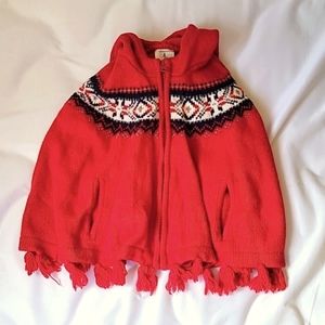 EUC LANDS' END Wool Hooded Poncho Cape Fair Isle Cozy Sweater Red